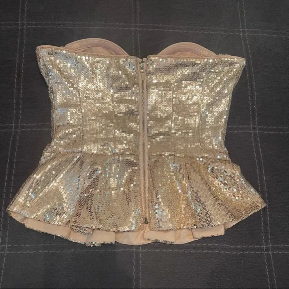 Bebe Gold Sequin Sparkly Strapless Peplum Top NWOT - Picture 10 of 15